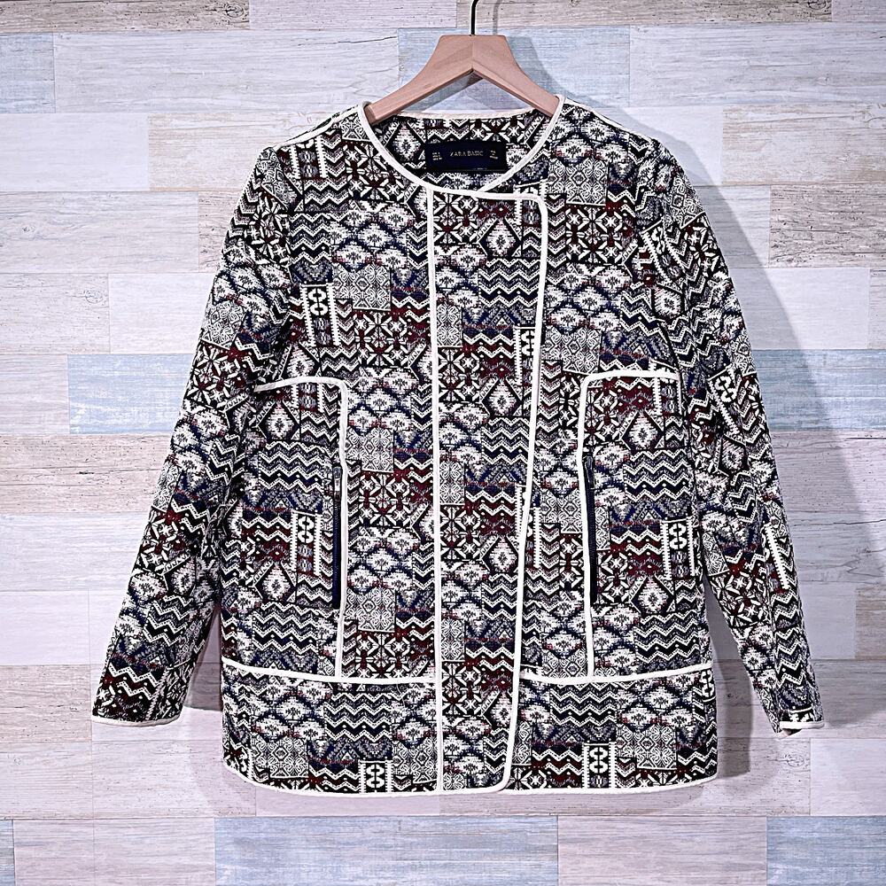 ZARA Aztec Tapestry Jacket Jewel Neck Full Zip Pocket Lined Womens Large